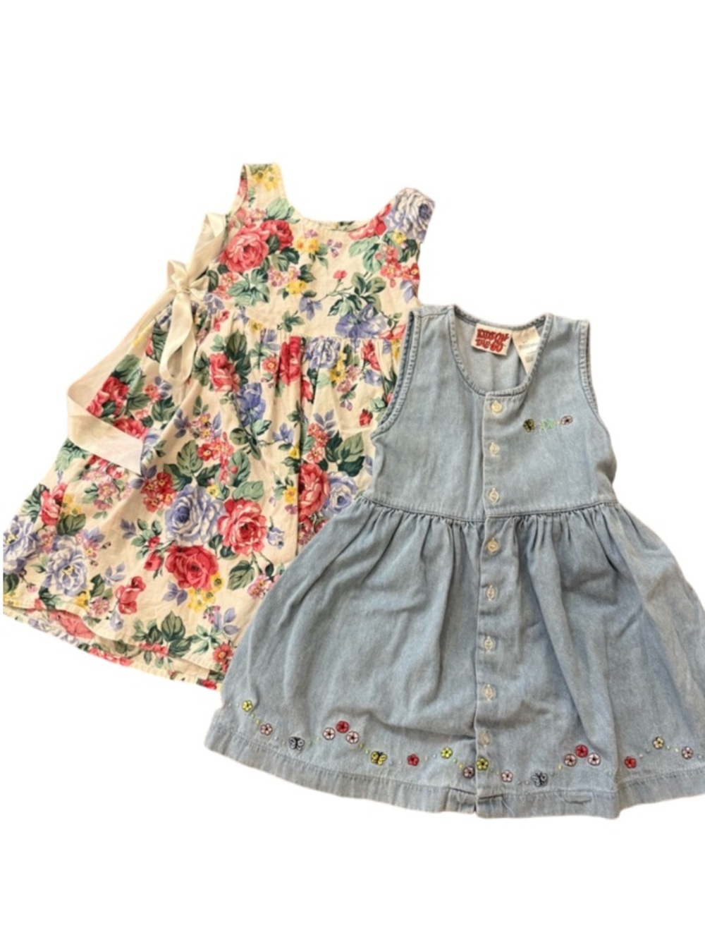 Vintage Floral Multicolor & VTG light wash embroidered Denim Dress size 4/4T 80s